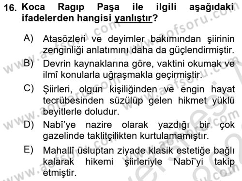 XVIII. Yüzyıl Türk Edebiyatı Dersi 2025 - 2026 Yılı (Final) Dönem Sonu Sınav Soruları 16. Soru