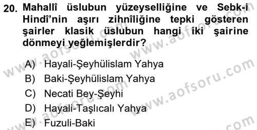 XVIII. Yüzyıl Türk Edebiyatı Dersi 2025 - 2026 Yılı (Final) Dönem Sonu Sınav Soruları 20. Soru