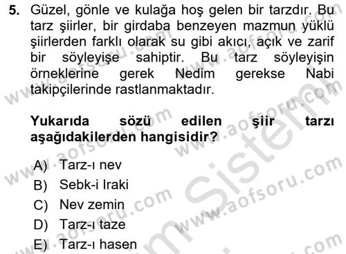 XVIII. Yüzyıl Türk Edebiyatı Dersi 2025 - 2026 Yılı (Final) Dönem Sonu Sınav Soruları 5. Soru