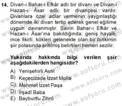 XIX. Yüzyıl Türk Edebiyatı Dersi 2014 - 2015 Yılı (Final) Dönem Sonu Sınavı 14. Soru