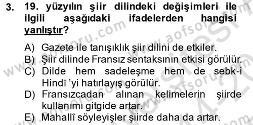 XIX. Yüzyıl Türk Edebiyatı Dersi 2014 - 2015 Yılı Tek Ders Sınavı 3. Soru