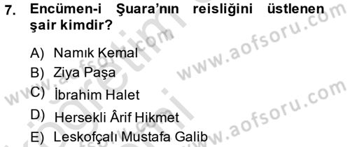 XIX. Yüzyıl Türk Edebiyatı Dersi 2014 - 2015 Yılı Tek Ders Sınavı 7. Soru