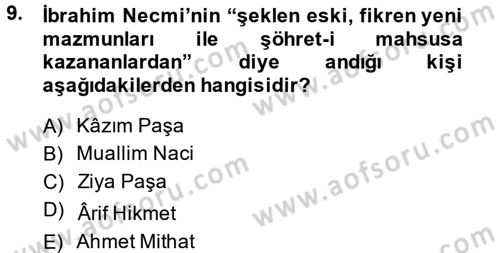 XIX. Yüzyıl Türk Edebiyatı Dersi 2014 - 2015 Yılı Tek Ders Sınav Soruları 9. Soru