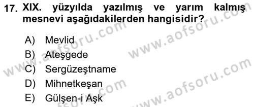 XIX. Yüzyıl Türk Edebiyatı Dersi 2016 - 2017 Yılı 3 Ders Sınav Soruları 17. Soru