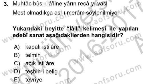 XIX. Yüzyıl Türk Edebiyatı Dersi 2016 - 2017 Yılı (Vize) Ara Sınavı 3. Soru