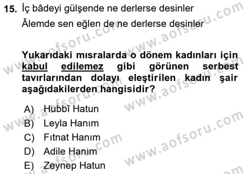 XIX. Yüzyıl Türk Edebiyatı Dersi 2017 - 2018 Yılı 3 Ders Sınav Soruları 15. Soru