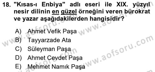 XIX. Yüzyıl Türk Edebiyatı Dersi 2017 - 2018 Yılı 3 Ders Sınav Soruları 18. Soru