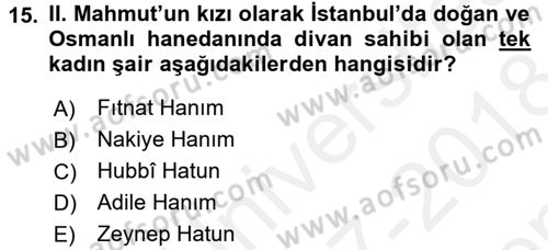 XIX. Yüzyıl Türk Edebiyatı Dersi 2017 - 2018 Yılı (Final) Dönem Sonu Sınavı 15. Soru