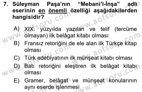 XIX. Yüzyıl Türk Edebiyatı Dersi 2018 - 2019 Yılı 3 Ders Sınav Soruları 7. Soru