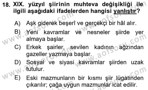 XIX. Yüzyıl Türk Edebiyatı Dersi 2018 - 2019 Yılı (Vize) Ara Sınav Soruları 18. Soru