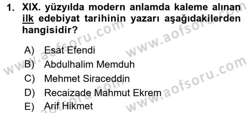 XIX. Yüzyıl Türk Edebiyatı Dersi 2018 - 2019 Yılı Yaz Okulu Sınav Soruları 1. Soru