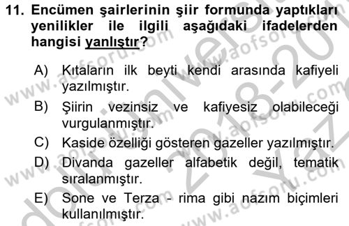 XIX. Yüzyıl Türk Edebiyatı Dersi 2018 - 2019 Yılı Yaz Okulu Sınav Soruları 11. Soru