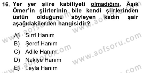 XIX. Yüzyıl Türk Edebiyatı Dersi 2018 - 2019 Yılı Yaz Okulu Sınav Soruları 16. Soru