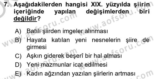 XIX. Yüzyıl Türk Edebiyatı Dersi 2018 - 2019 Yılı Yaz Okulu Sınav Soruları 7. Soru
