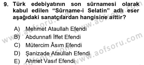 XIX. Yüzyıl Türk Edebiyatı Dersi 2018 - 2019 Yılı Yaz Okulu Sınav Soruları 9. Soru