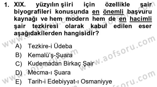 XIX. Yüzyıl Türk Edebiyatı Dersi 2021 - 2022 Yılı (Final) Dönem Sonu Sınav Soruları 1. Soru