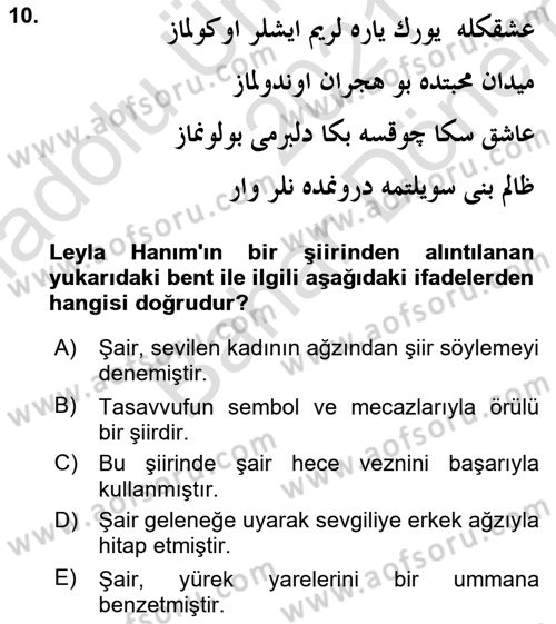 XIX. Yüzyıl Türk Edebiyatı Dersi 2021 - 2022 Yılı (Final) Dönem Sonu Sınav Soruları 10. Soru