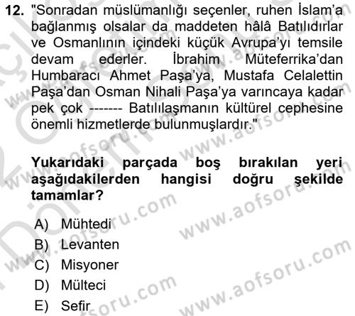 XIX. Yüzyıl Türk Edebiyatı Dersi 2021 - 2022 Yılı (Final) Dönem Sonu Sınav Soruları 12. Soru