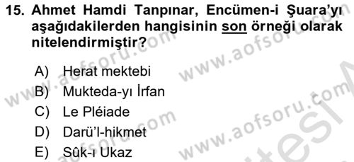 XIX. Yüzyıl Türk Edebiyatı Dersi 2021 - 2022 Yılı (Final) Dönem Sonu Sınav Soruları 15. Soru