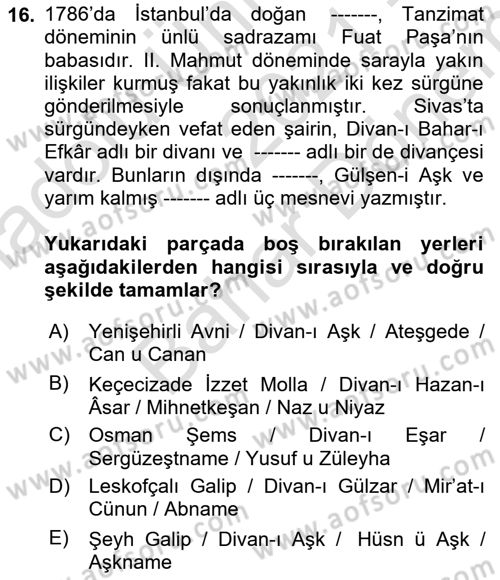 XIX. Yüzyıl Türk Edebiyatı Dersi 2021 - 2022 Yılı (Final) Dönem Sonu Sınav Soruları 16. Soru