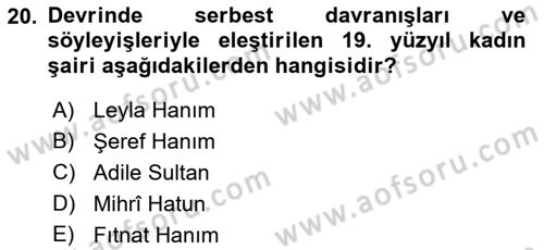 XIX. Yüzyıl Türk Edebiyatı Dersi 2021 - 2022 Yılı (Final) Dönem Sonu Sınav Soruları 20. Soru