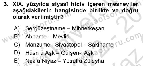 XIX. Yüzyıl Türk Edebiyatı Dersi 2022 - 2023 Yılı Yaz Okulu Sınavı 3. Soru