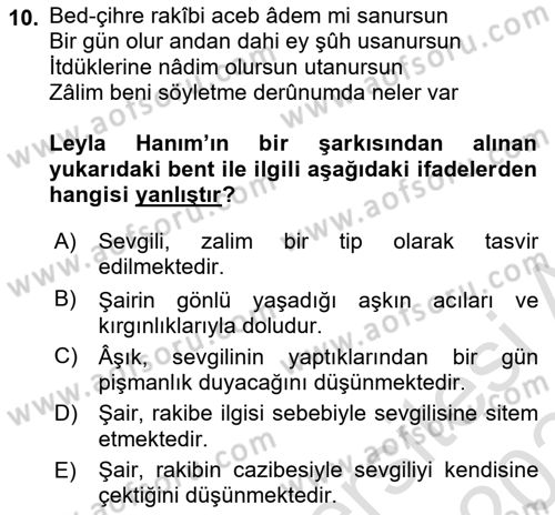 XIX. Yüzyıl Türk Edebiyatı Dersi 2023 - 2024 Yılı (Final) Dönem Sonu Sınav Soruları 10. Soru