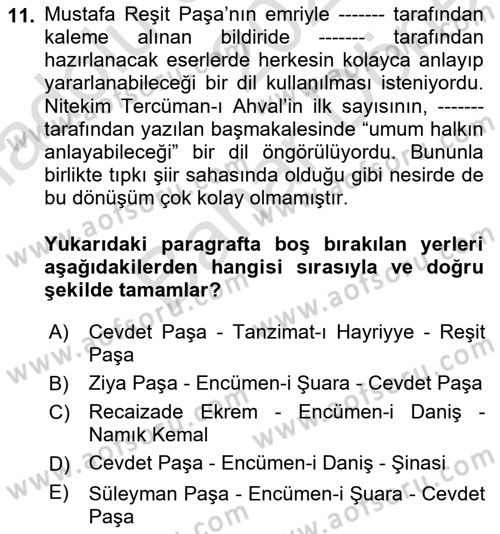 XIX. Yüzyıl Türk Edebiyatı Dersi 2023 - 2024 Yılı (Final) Dönem Sonu Sınav Soruları 11. Soru