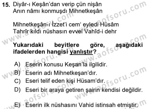 XIX. Yüzyıl Türk Edebiyatı Dersi 2023 - 2024 Yılı (Final) Dönem Sonu Sınav Soruları 15. Soru