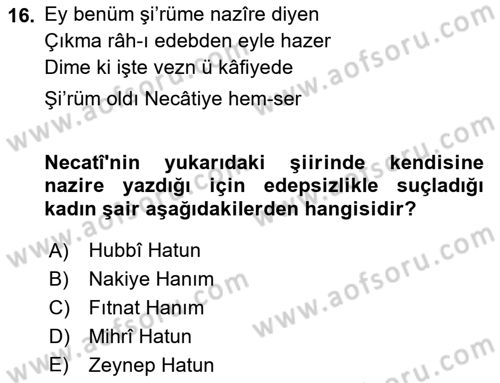 XIX. Yüzyıl Türk Edebiyatı Dersi 2023 - 2024 Yılı (Final) Dönem Sonu Sınav Soruları 16. Soru