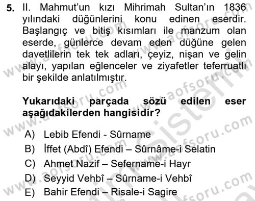 XIX. Yüzyıl Türk Edebiyatı Dersi 2023 - 2024 Yılı (Final) Dönem Sonu Sınav Soruları 5. Soru