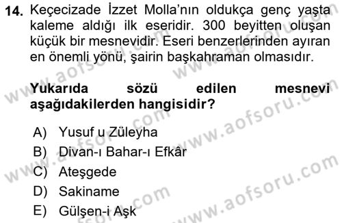 XIX. Yüzyıl Türk Edebiyatı Dersi 2023 - 2024 Yılı Yaz Okulu Sınav Soruları 14. Soru
