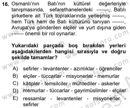 XIX. Yüzyıl Türk Edebiyatı Dersi 2023 - 2024 Yılı Yaz Okulu Sınav Soruları 16. Soru