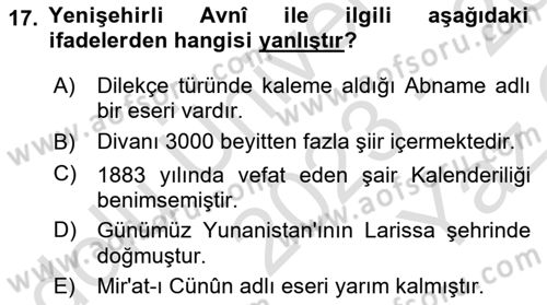 XIX. Yüzyıl Türk Edebiyatı Dersi 2023 - 2024 Yılı Yaz Okulu Sınav Soruları 17. Soru