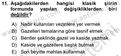 XIX. Yüzyıl Türk Edebiyatı Dersi 2024 - 2025 Yılı (Vize) Ara Sınav Soruları 11. Soru