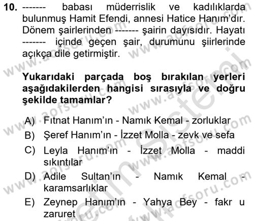 XIX. Yüzyıl Türk Edebiyatı Dersi 2024 - 2025 Yılı Yaz Okulu Sınav Soruları 10. Soru