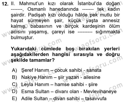 XIX. Yüzyıl Türk Edebiyatı Dersi 2024 - 2025 Yılı Yaz Okulu Sınav Soruları 12. Soru