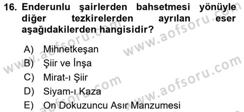 XIX. Yüzyıl Türk Edebiyatı Dersi 2024 - 2025 Yılı Yaz Okulu Sınav Soruları 16. Soru