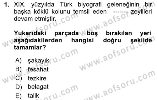 XIX. Yüzyıl Türk Edebiyatı Dersi 2025 - 2026 Yılı (Final) Dönem Sonu Sınav Soruları 1. Soru