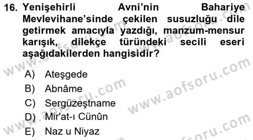 XIX. Yüzyıl Türk Edebiyatı Dersi 2025 - 2026 Yılı (Final) Dönem Sonu Sınav Soruları 16. Soru