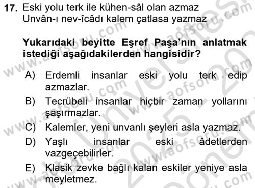 XIX. Yüzyıl Türk Edebiyatı Dersi 2025 - 2026 Yılı (Final) Dönem Sonu Sınav Soruları 17. Soru