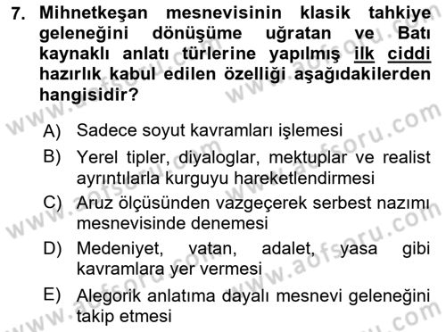 XIX. Yüzyıl Türk Edebiyatı Dersi 2025 - 2026 Yılı (Final) Dönem Sonu Sınav Soruları 7. Soru