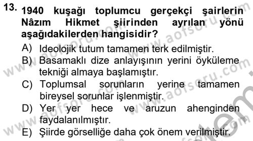 Cumhuriyet Dönemi Türk Şiiri Dersi Ara Sınavı Deneme Sınav Soruları 13. Soru