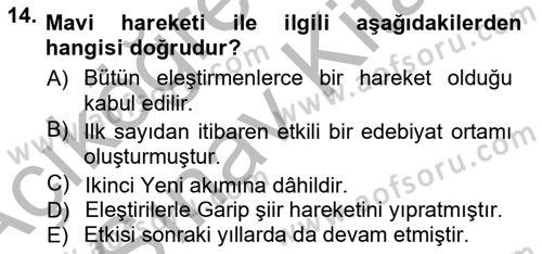 Cumhuriyet Dönemi Türk Şiiri Dersi 2012 - 2013 Yılı (Vize) Ara Sınav Soruları 14. Soru