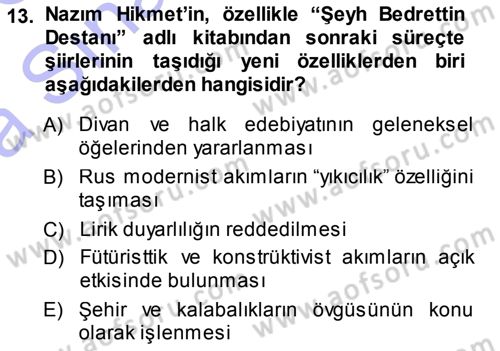 Cumhuriyet Dönemi Türk Şiiri Dersi Ara Sınavı Deneme Sınav Soruları 13. Soru