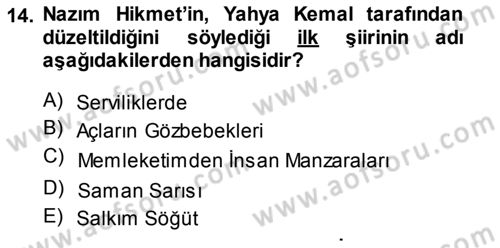Cumhuriyet Dönemi Türk Şiiri Dersi Ara Sınavı Deneme Sınav Soruları 14. Soru