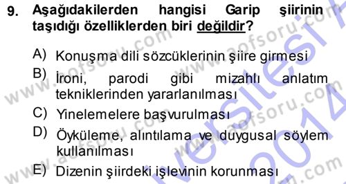 Cumhuriyet Dönemi Türk Şiiri Dersi Ara Sınavı Deneme Sınav Soruları 9. Soru