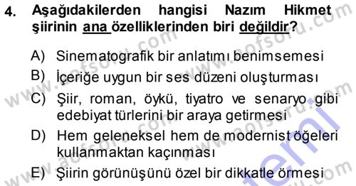 Cumhuriyet Dönemi Türk Şiiri Dersi 2013 - 2014 Yılı (Final) Dönem Sonu Sınav Soruları 4. Soru