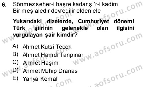 Cumhuriyet Dönemi Türk Şiiri Dersi 2013 - 2014 Yılı (Final) Dönem Sonu Sınav Soruları 6. Soru