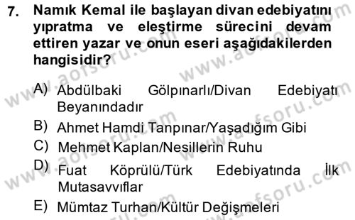 Cumhuriyet Dönemi Türk Şiiri Dersi 2013 - 2014 Yılı (Final) Dönem Sonu Sınav Soruları 7. Soru